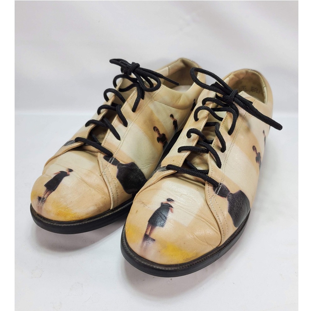 Icon Art Print Leather Oxford Shoes Womens 7.5 Beige‎ Gallery Lace Up USA Made